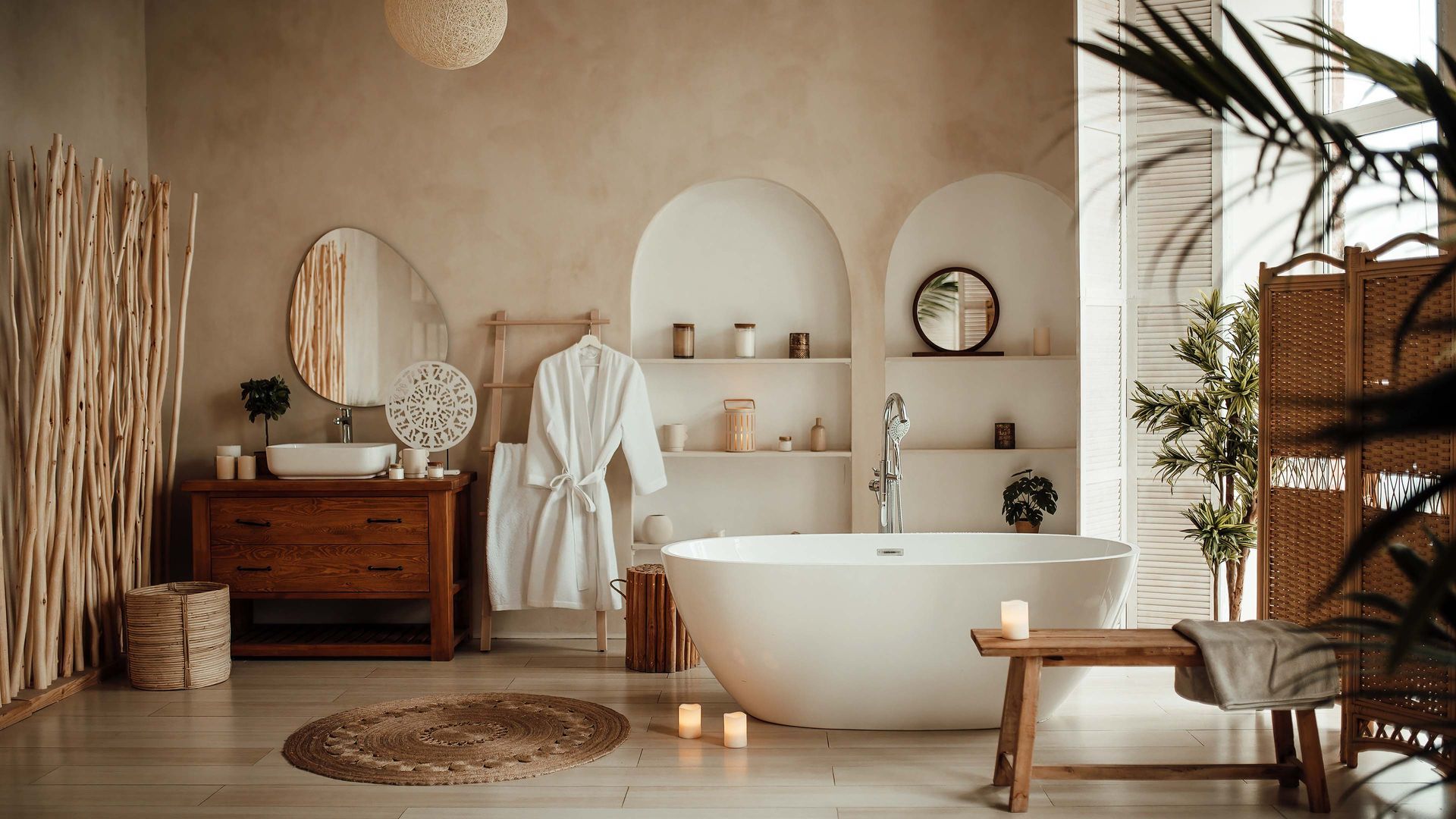 Boho-style bathroom with a white bathtub, wooden vanity, and arch shelving.