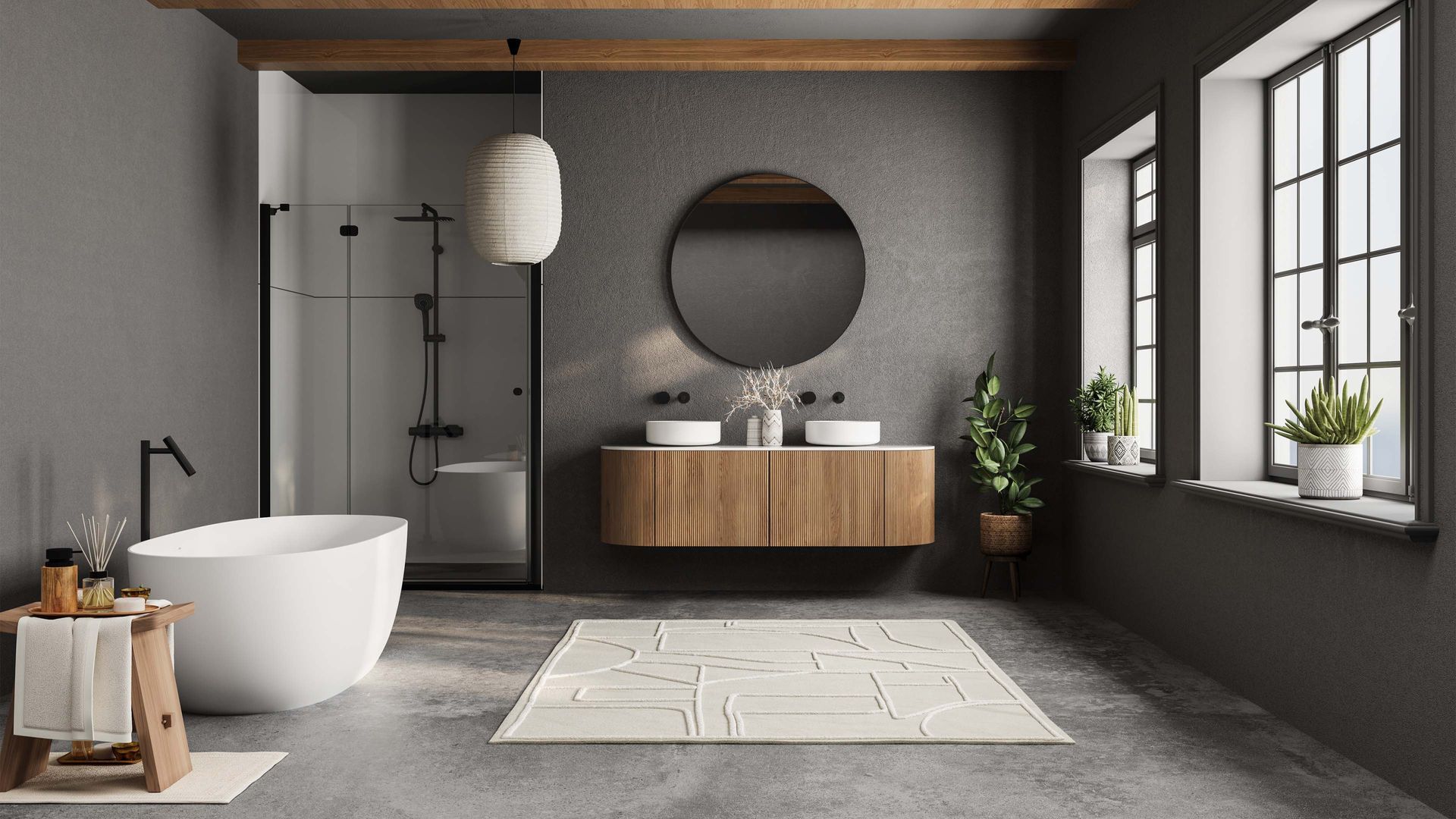 Modern bathroom with a white tub, wooden vanity, round mirror, and large windows.