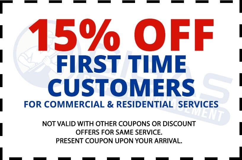 Coupon offering 15% off for first-time customers for commercial and residential services.