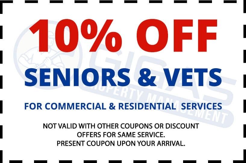 Coupon offering 10% off for seniors and veterans on commercial and residential services.