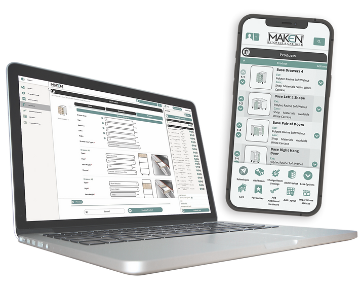 Laptop and phone showing a digital interface with product diagrams and menus — Maken Kitchens & Cabinets in Chinderah, NSW