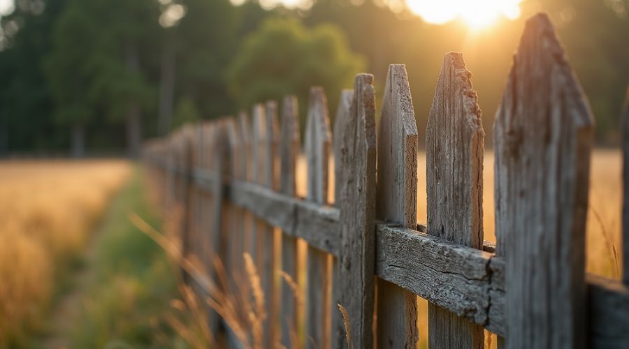 A weathered wooden picket fence lines a golden field at sunset, with soft light glowing through the background trees.