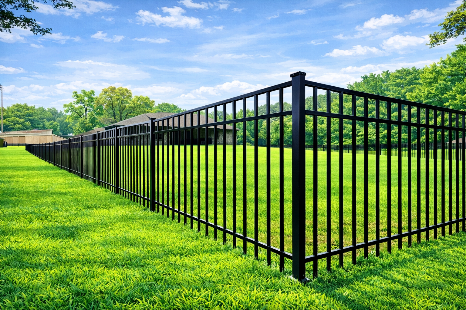 A black metal picket fence surrounds a vibrant green lawn under a partly cloudy blue sky.