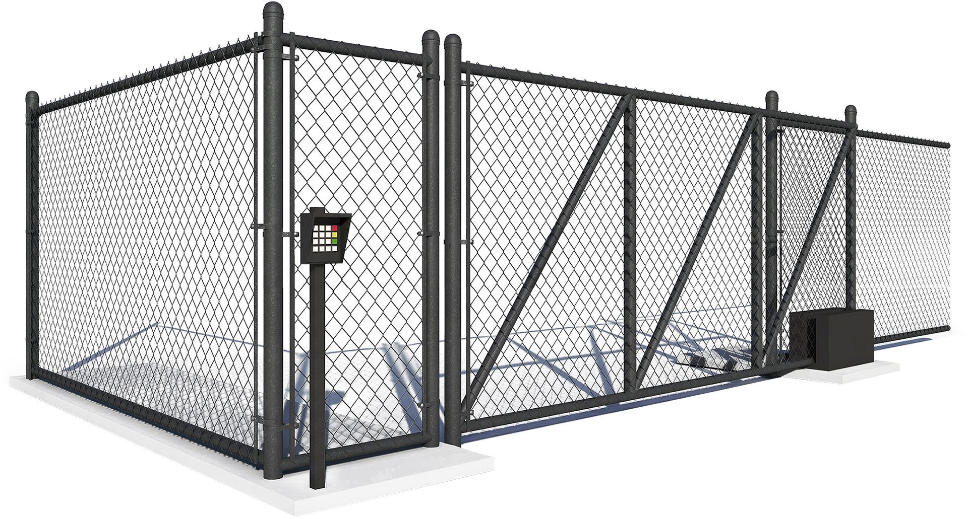 A chain link fence with a gate on a white background.