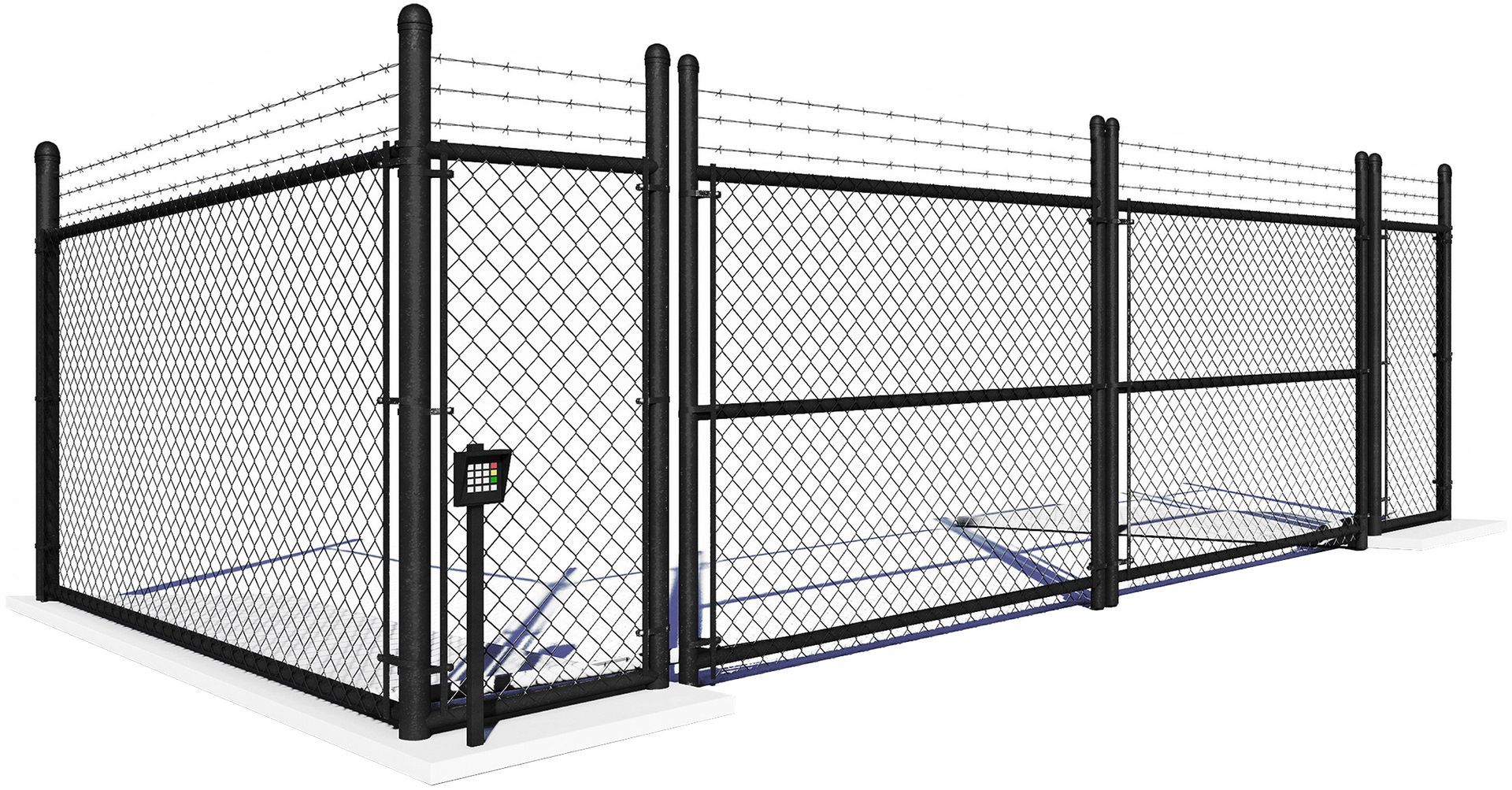 A chain link fence with a gate on a white background.