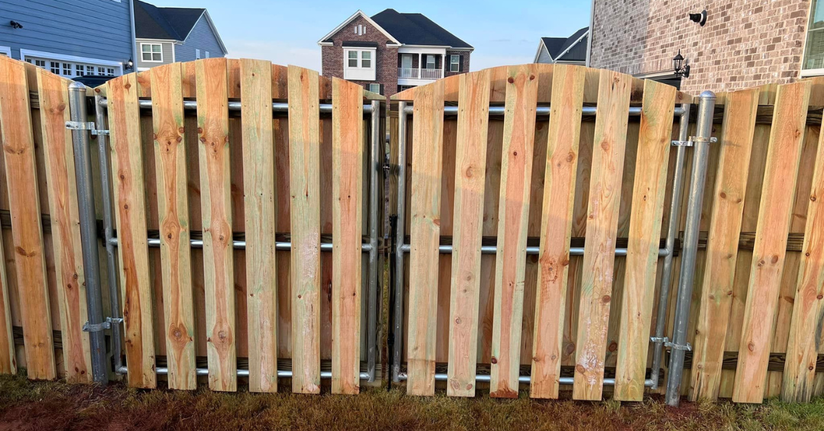 Wooden fence with arched top and gate; houses in the background.