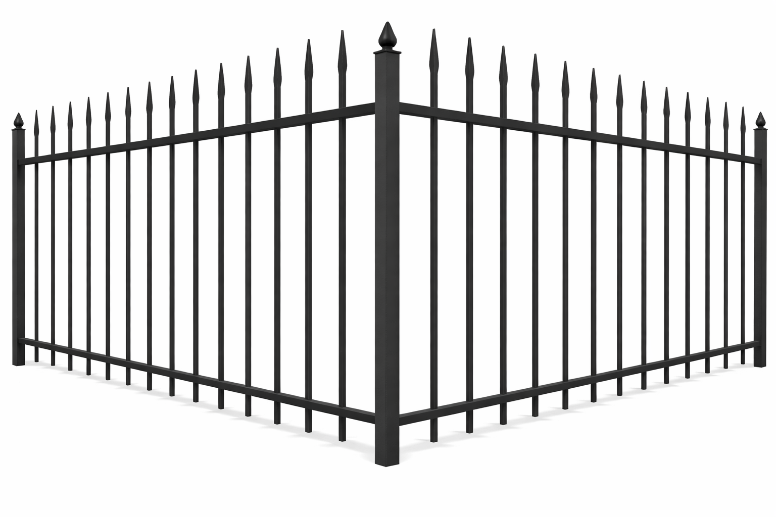 A black wrought iron fence with spikes on a white background.