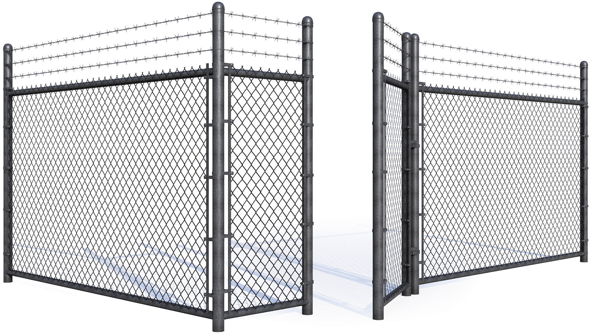 A chain link fence with barbed wire and a gate.