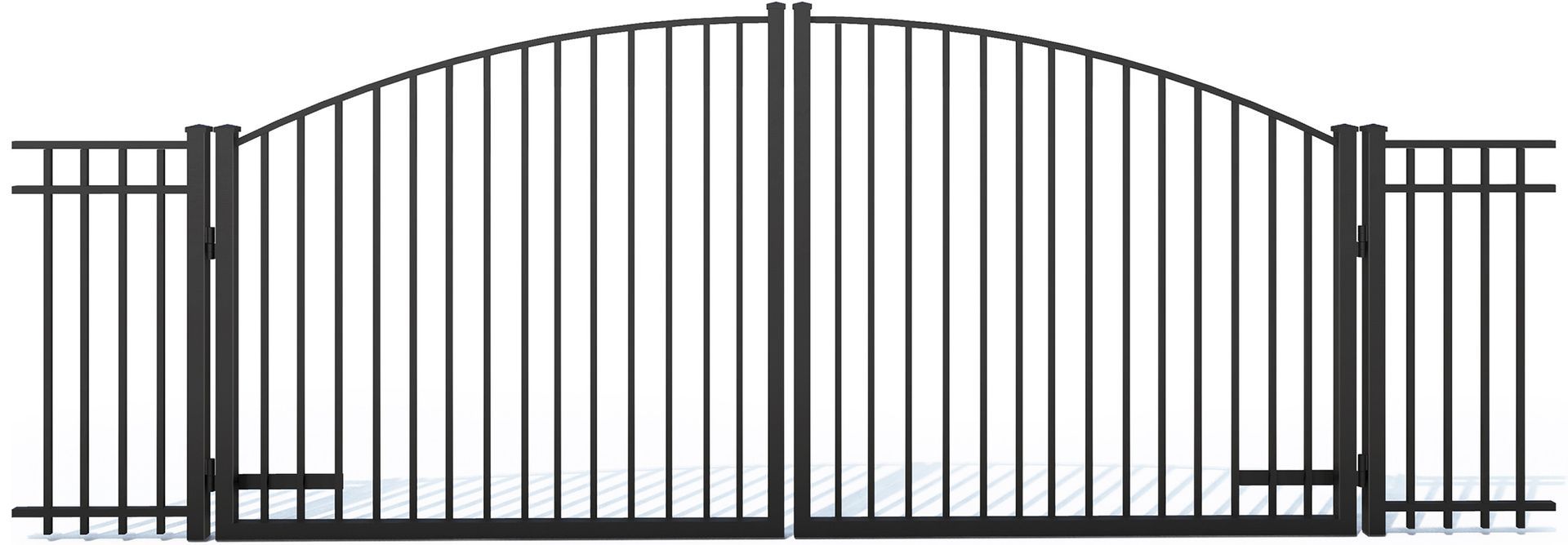A black wrought iron gate with a curved arch on a white background.
