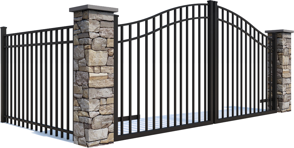 A metal gate with a stone pillar surrounding it on a white background.