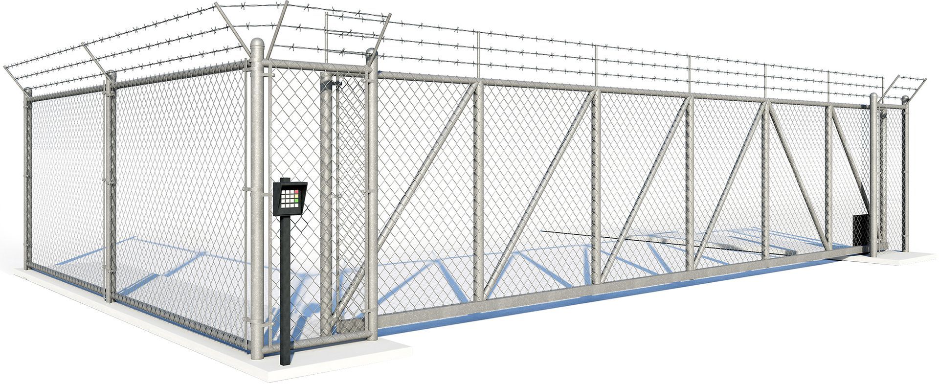 A chain link fence with barbed wire and a gate on a white background.