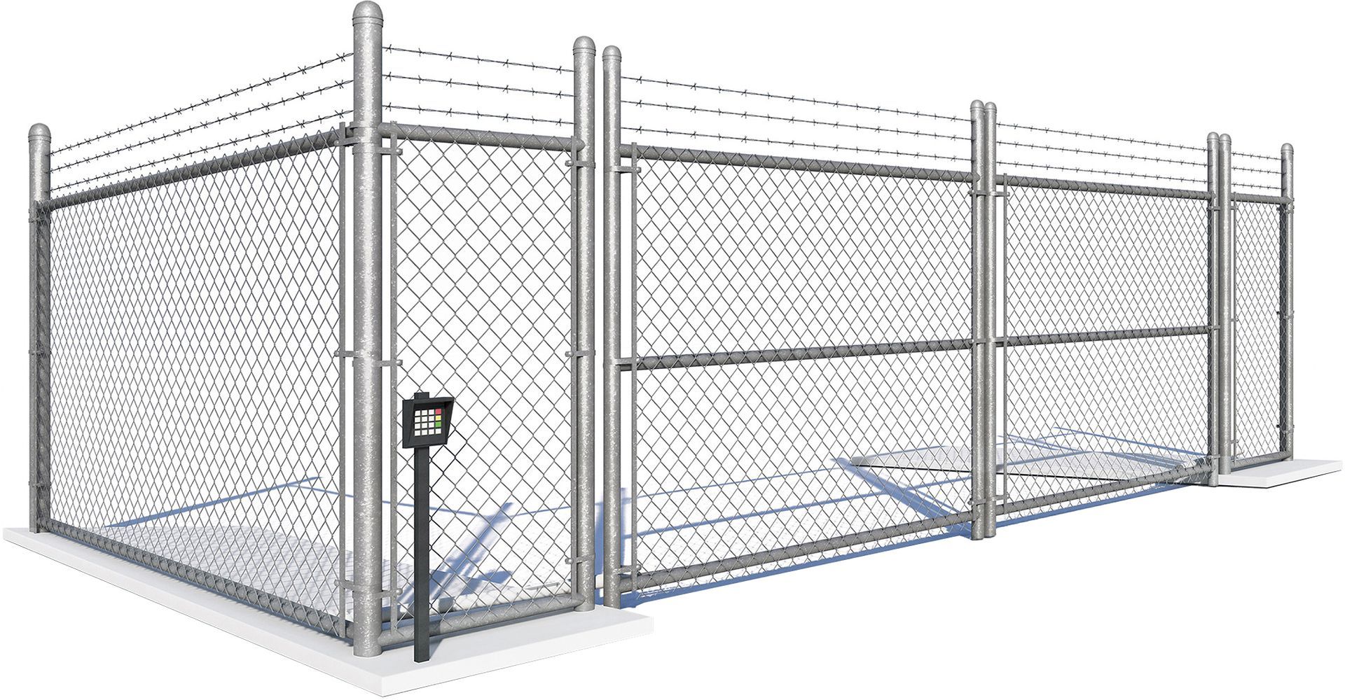 A chain link fence with a gate on a white background.