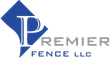A blue and white logo for premier fence llc