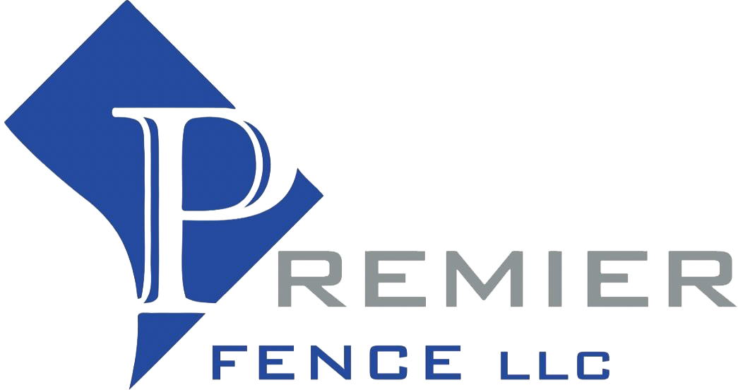 A blue and white logo for premier fence llc