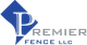 A blue and white logo for premier fence llc
