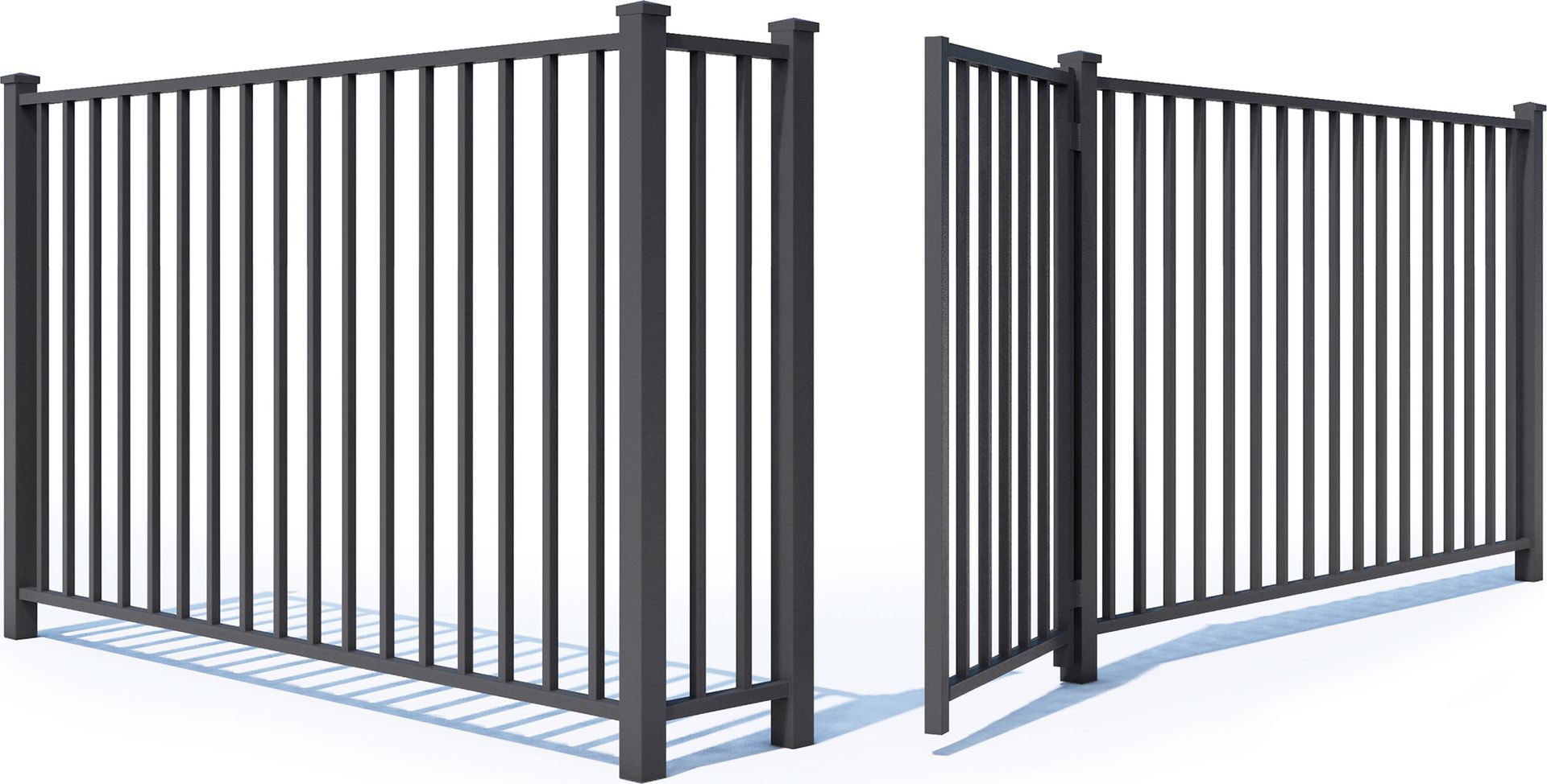A black metal fence with a gate open on a white background.