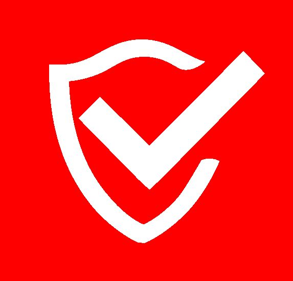 A white check mark inside of a shield on a red background