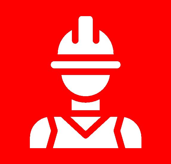 A white icon of a man wearing a hard hat on a red background.