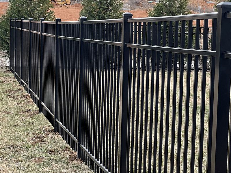 A black metal fence is surrounding a grassy field.
