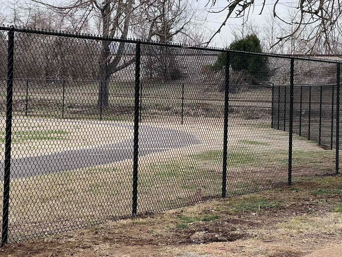 A chain link fence surrounds a field with trees in the background.