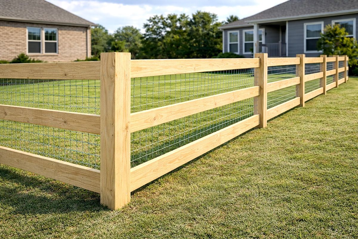 Wooden split-rail fence with wire mesh in a grassy yard, near houses.