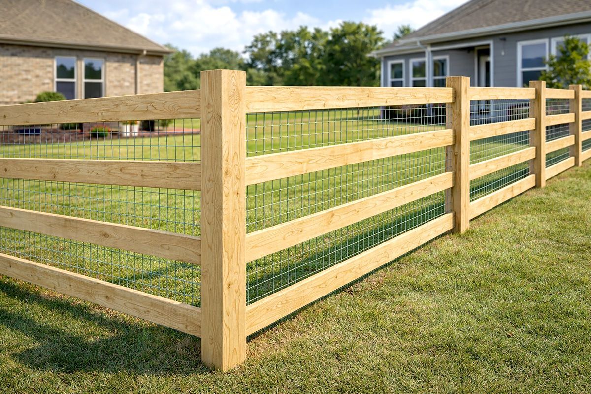 Wooden fence with wire mesh in a grassy yard, houses in background.