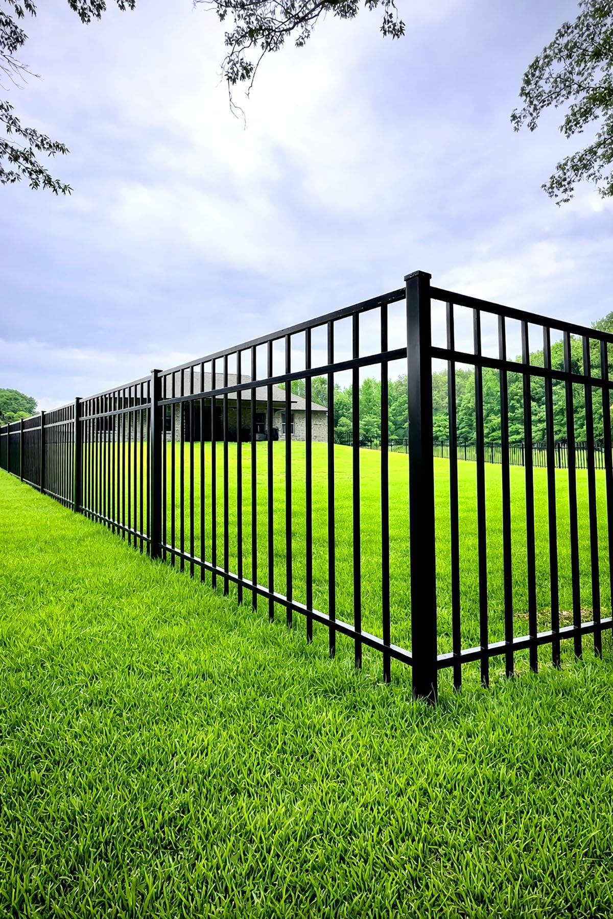 Black metal fence enclosing a lush green lawn under a cloudy sky.