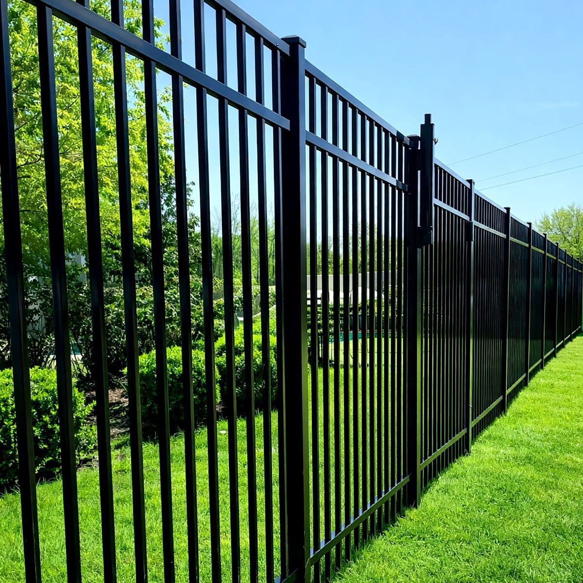 Black metal fence bordering a green lawn, under a blue sky.