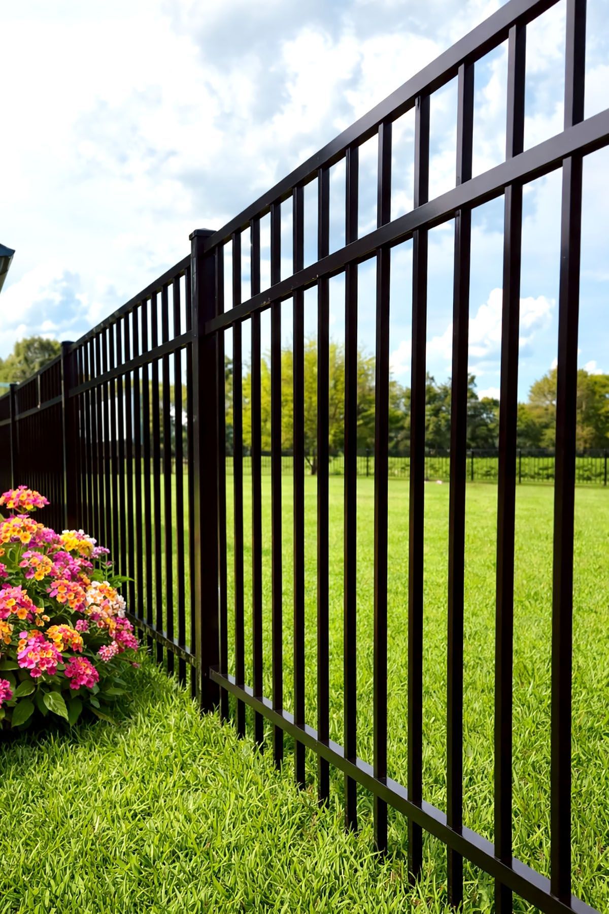Black metal fence, green lawn, and pink and yellow flowers in front of a blue sky.