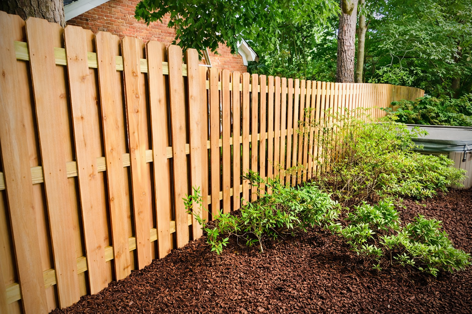 Wooden picket fence curving along a landscaped area with mulch and green bushes.