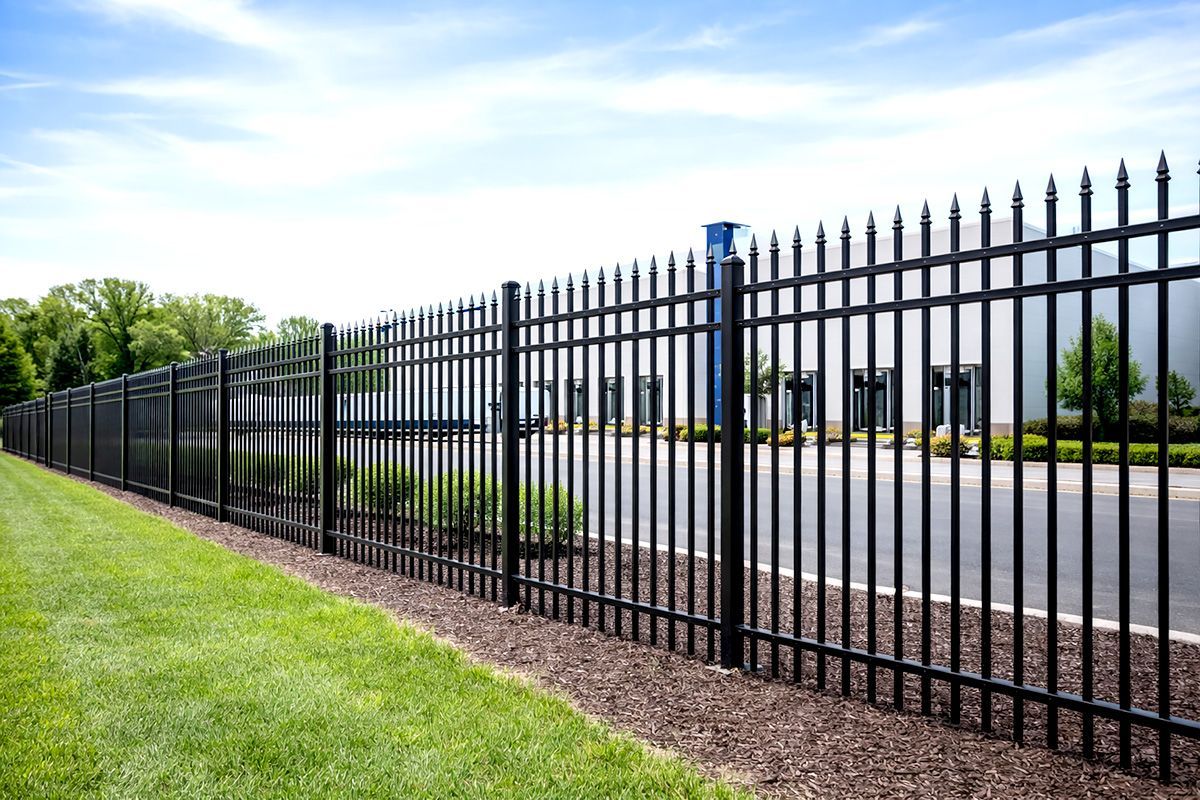 Black metal security fence in front of a green lawn and building on a sunny day.