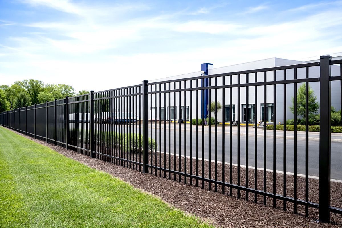Black metal security fence along a green lawn and asphalt road, with a white building in the background under a blue sky.