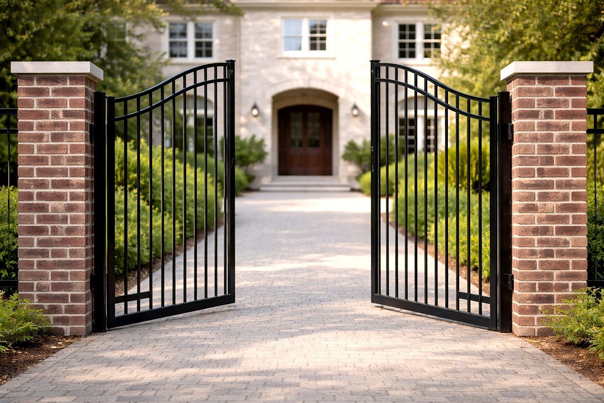 Black metal gates open to a brick paver driveway leading to a large house with a brown door.