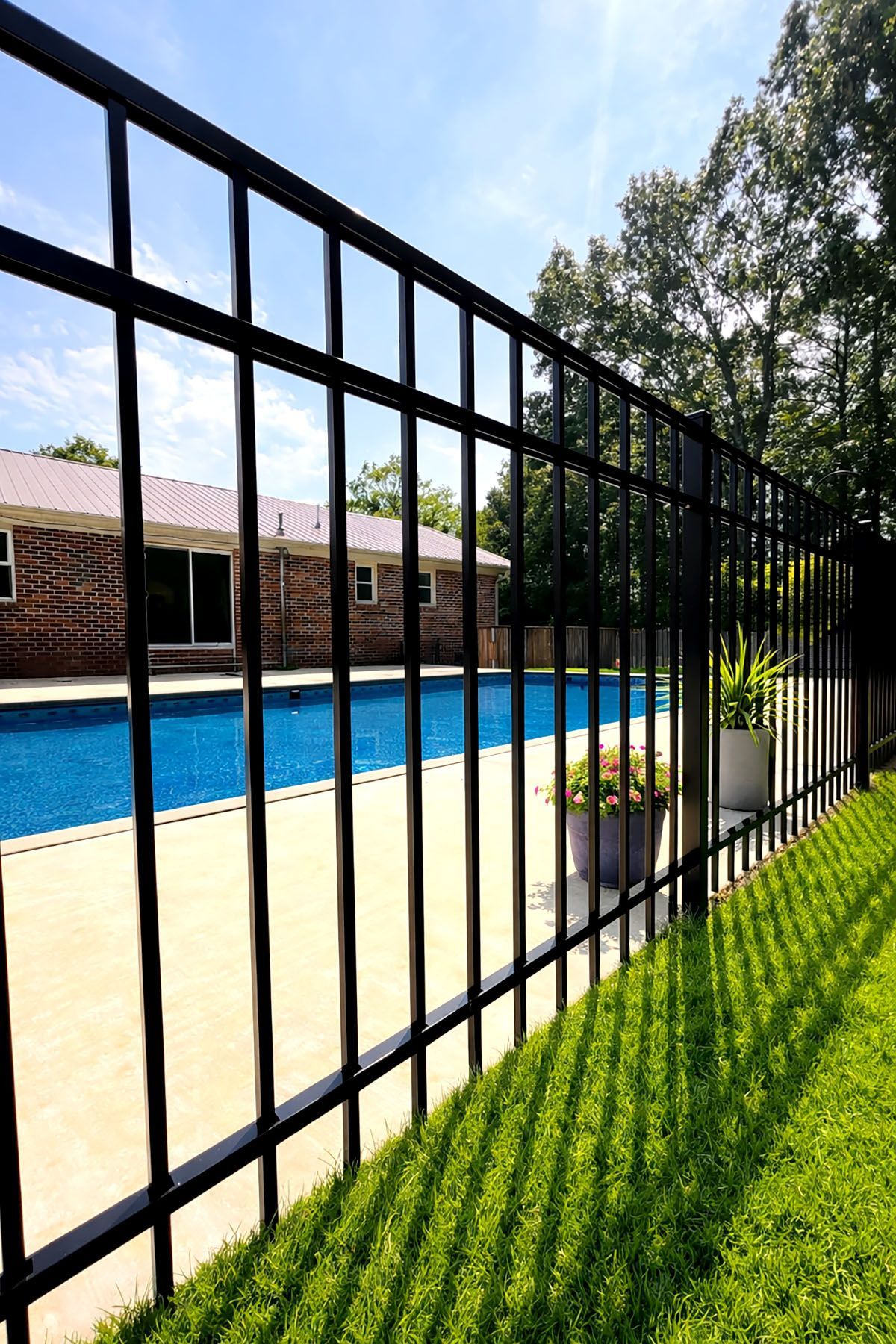 Black metal fence bordering a pool, a house visible in the background, blue sky.