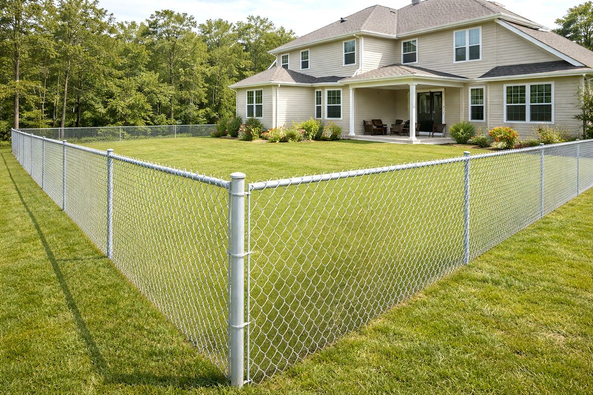 Chain-link fence encloses the grassy backyard of a two-story beige house.