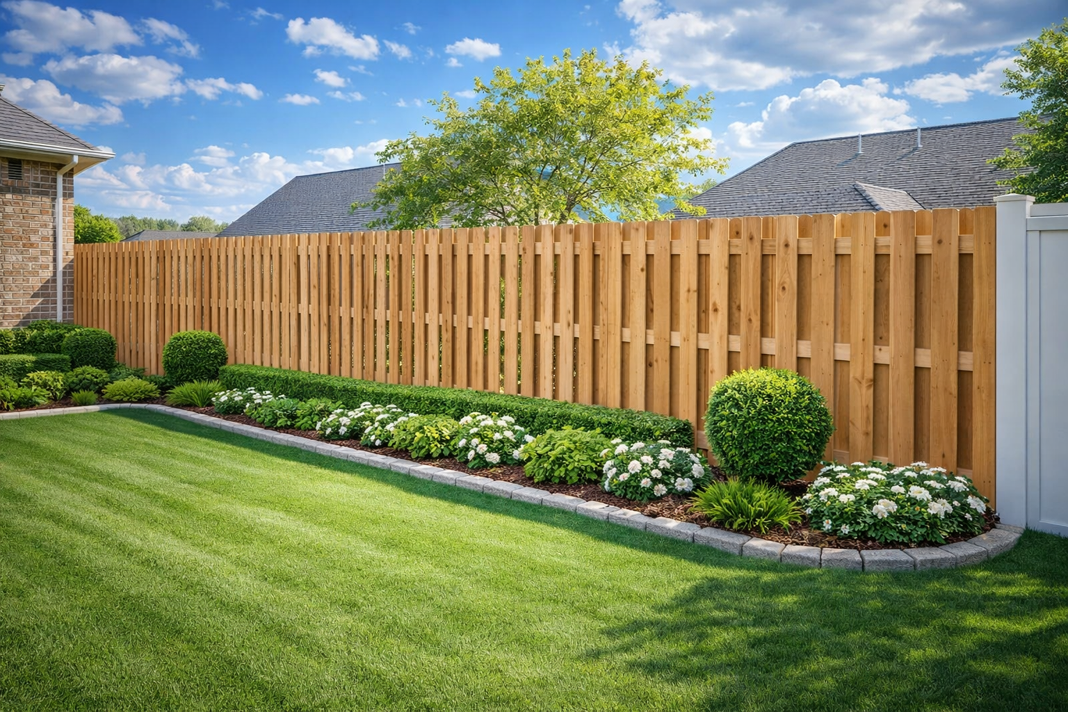 Lawn with a wooden fence and well-manicured flower bed under a blue sky.