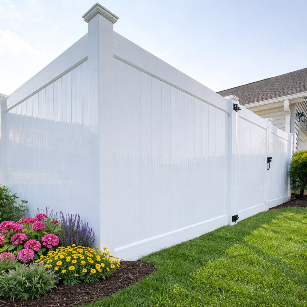 White vinyl privacy fence with gate, flowers, and green lawn.