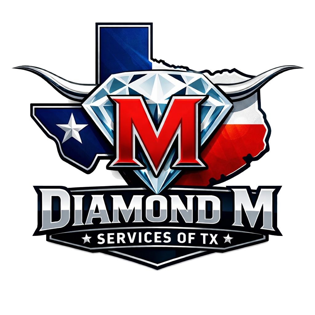 Logo for "Diamond M Services of TX" featuring a red letter M on a diamond, set against a Texas map with longhorns.