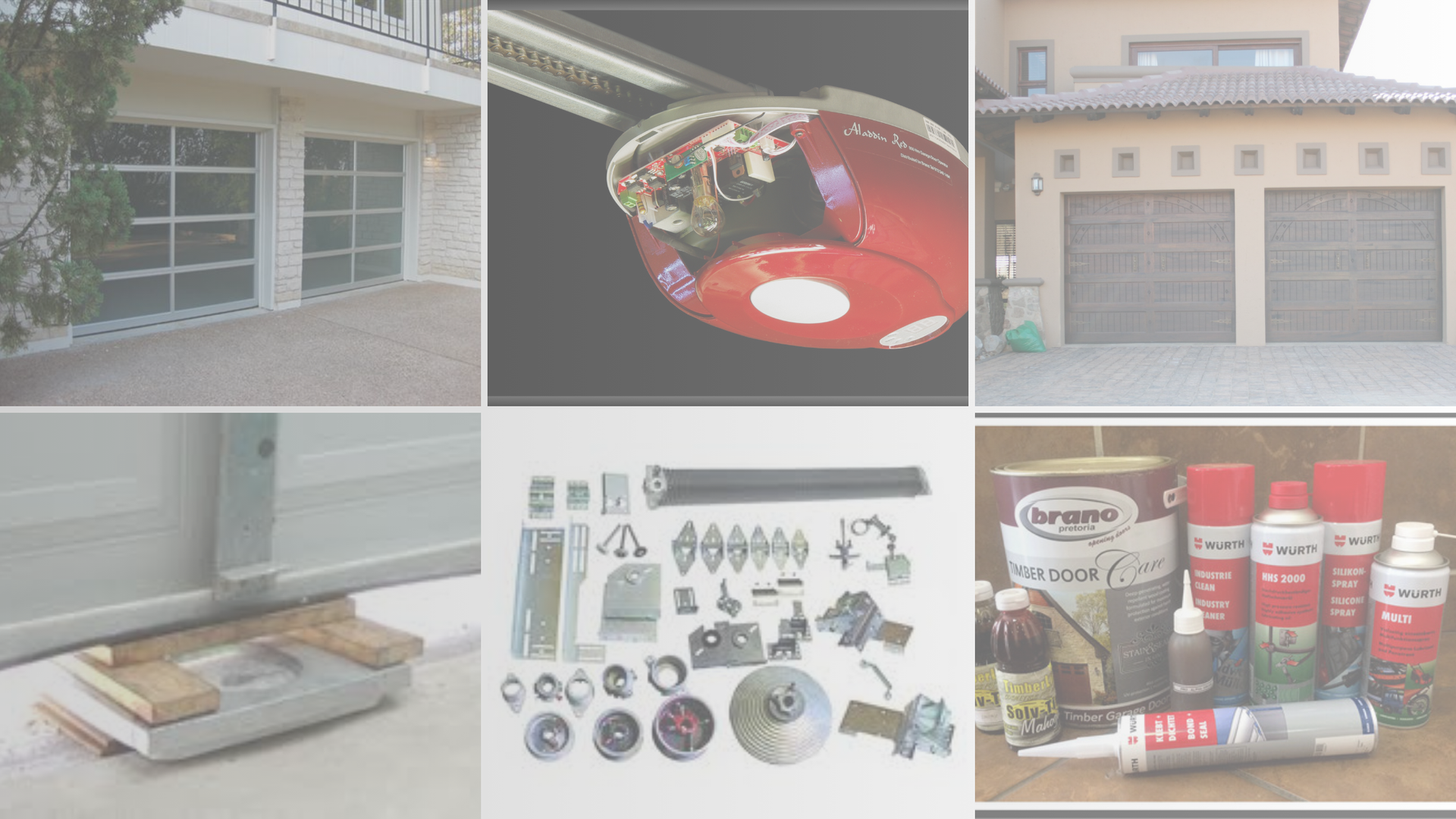 Examples of different Garage Doors. Various spares & lubricants for garage door maintenance.