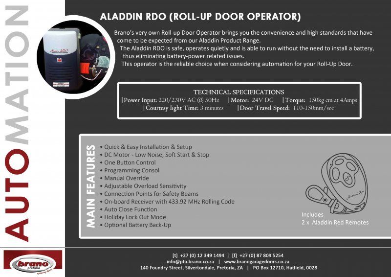 Catalogue for Aladdin RDO garage door operator