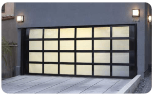 Glass and aluminium sectional garage door with brown frame and white frosted glass