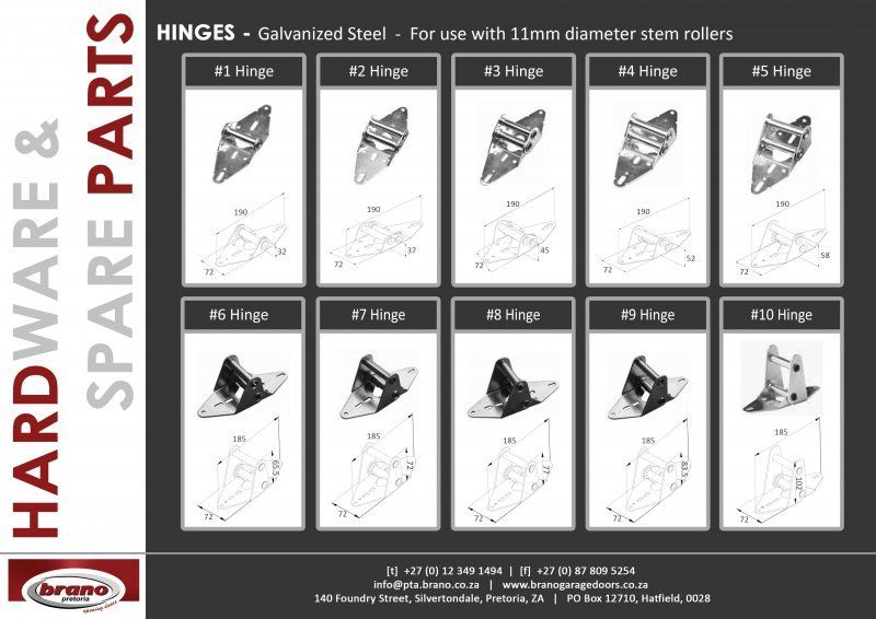 Product catalogue of garage door hardware and spare parts showing hinges