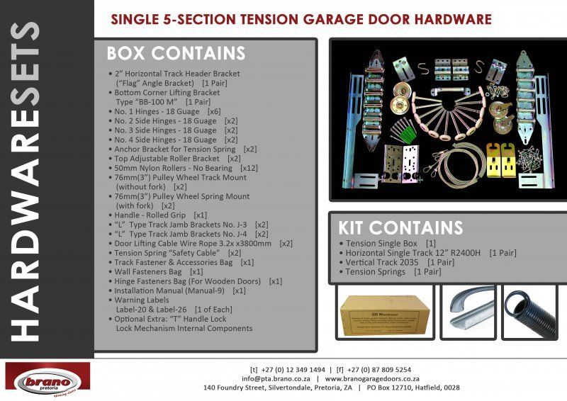 Product catalogue of garage door hardware and spare parts showing Tension Hardware Set