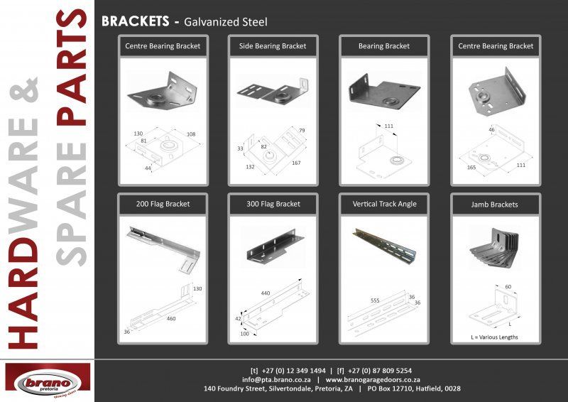 Product catalogue of garage door hardware and spare parts showing brackets