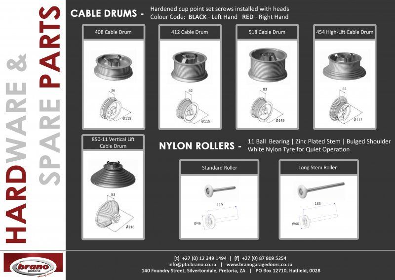 Product catalogue of garage door hardware and spare parts showing cable drums
