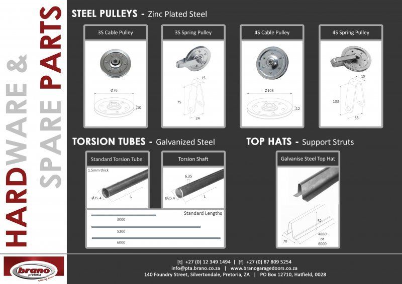Product catalogue of garage door hardware and spare parts showing Steel Pulleys & Torsion Tubes