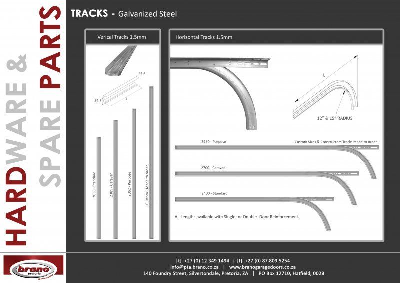 Product catalogue of garage door hardware and spare parts showing Tracks
