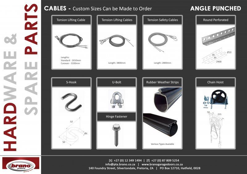 Product catalogue of garage door hardware and spare parts showing Cables