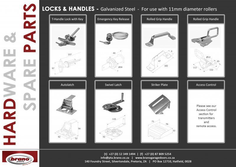 Product catalogue of garage door hardware and spare parts showing Locks and Handles