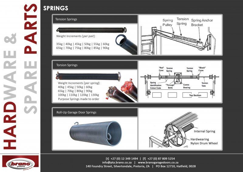 Product catalogue of garage door hardware and spare parts showing Springs